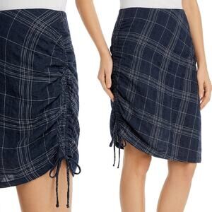 The East Order Paloma Navy Blue Linen Plaid Scrunched Side Drawstring Skirt Sz S